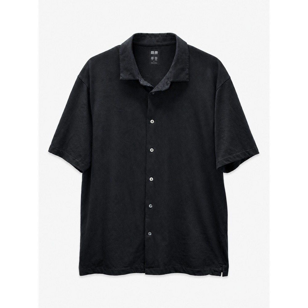 UNIQLO Black Camp Collar Style Shirt Mens L Minimalist Capsule Wardrobe Polo